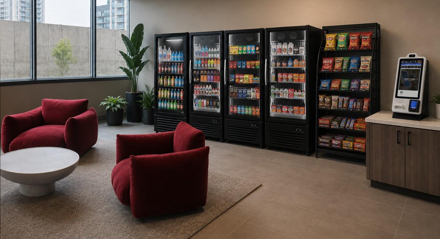 Self-serve micro market with drinks, snacks and a comfortable seating area
