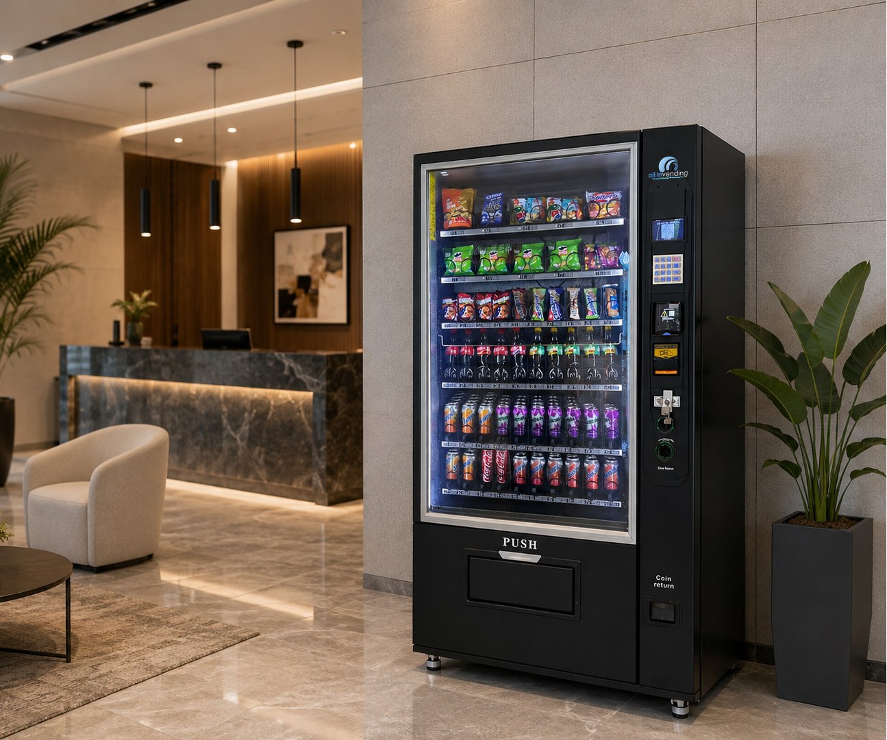 Snack and beverage vending machine in a building lobby
